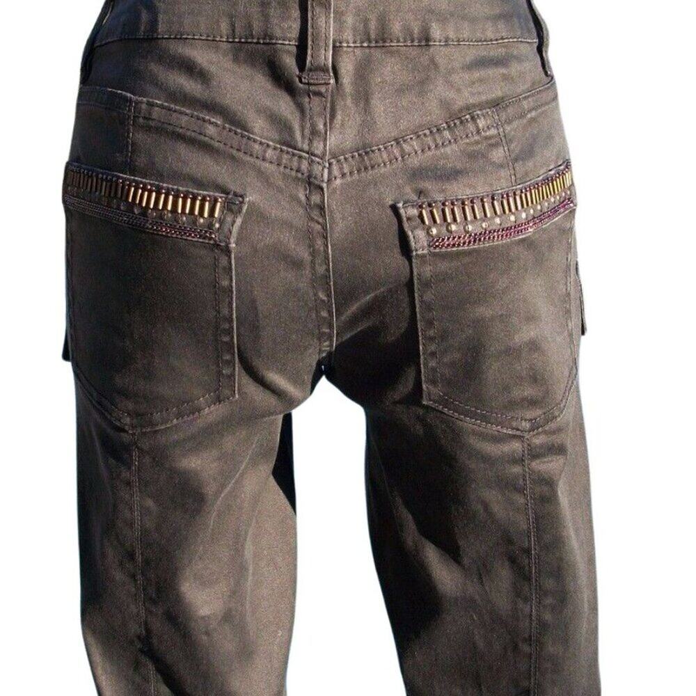 Cache Embellished Jean Pant Cargo Denim Zipper Leg Rhinestone Dark Gray $128 NWT